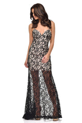 Claudia Black Sheer Lace Applique Fishtail Maxi Dress