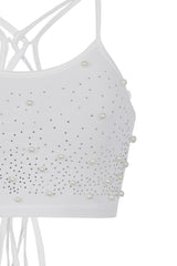 Caution White VIP Rhinestone & Pearls Embellished Skirt Top Two Piece Set