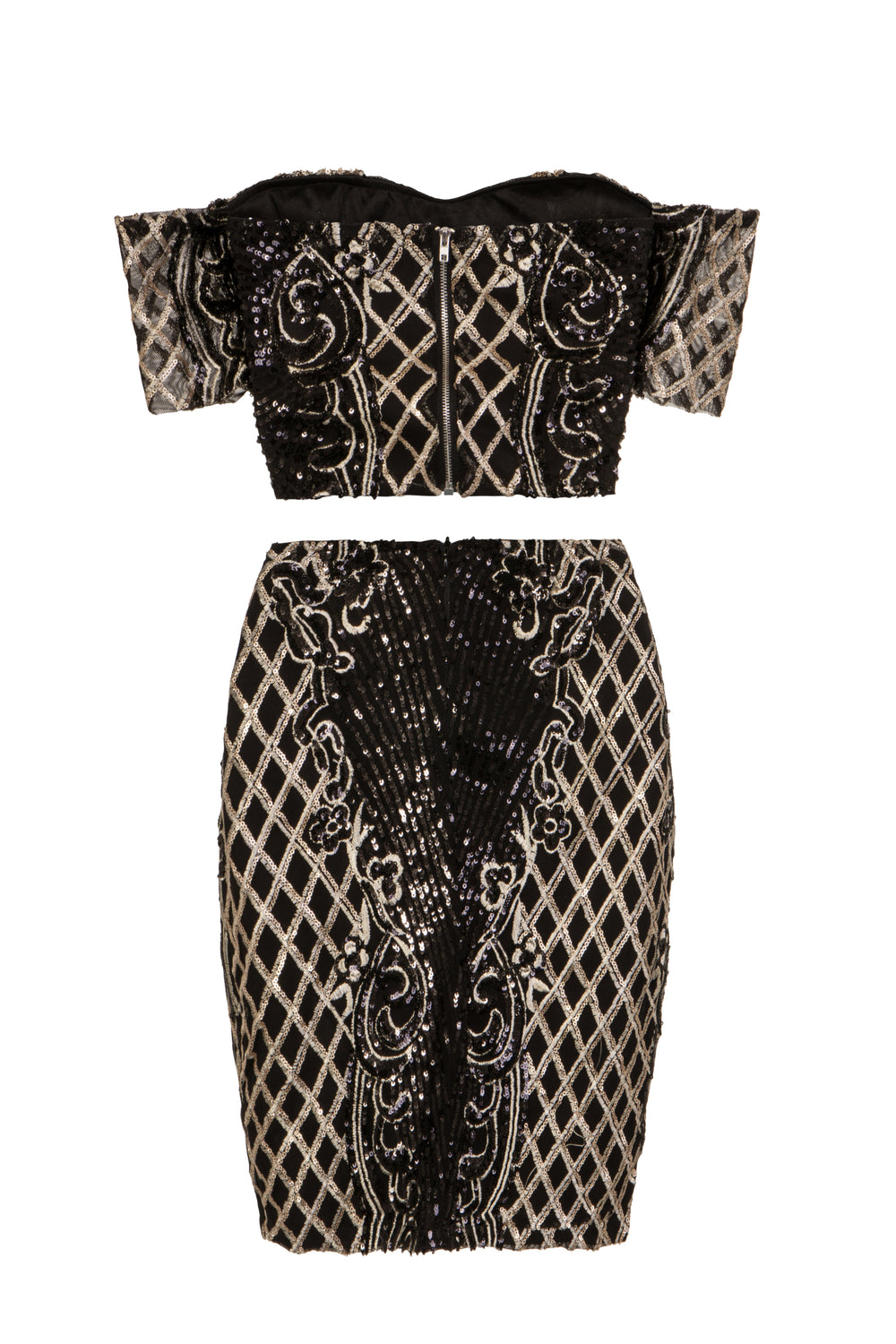 Baddie Vip Black Gold Sequin & Embroidery Two Piece Skirt Top Co Ord Set