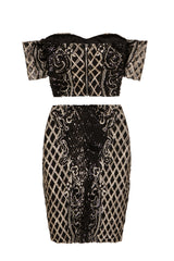 Baddie Vip Black Gold Sequin & Embroidery Two Piece Skirt Top Co Ord Set