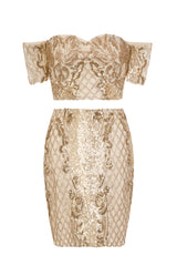 Baddie Vip Nude Gold Sequin & Embroidery Two Piece Skirt Top Co Ord Set