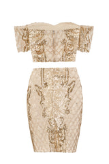 Baddie Vip Nude Gold Sequin & Embroidery Two Piece Skirt Top Co Ord Set
