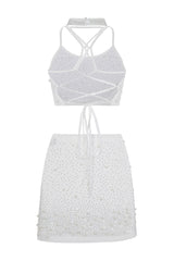 Caution White VIP Rhinestone & Pearls Embellished Skirt Top Two Piece Set