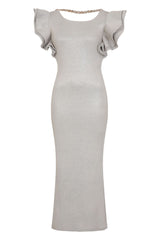 Posh Beige Glitter Sparkle Ruffle Frill Bodycon Pencil Maxi Dress