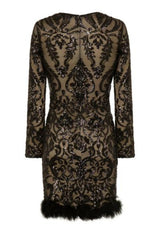 Valentina Black Luxe Brocade Sequin Plunge Feather Dress