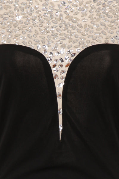 Seska Black Crystal Plunge Thigh Split Fishtail Maxi Dress