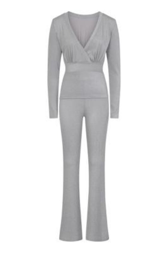 Elexis Silver Glitter Metallic Co Ord Tie Top Flare Trouser Set