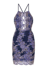 Heidi Navy Blue Keyhole Floral Lace Embroidery Scallop Midi Dress