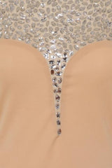 Seska Nude Crystal Plunge Thigh Split Fishtail Maxi Dress