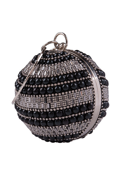 Viva Black Crystal Diamante Pearl Wristlet Sphere Clutch Bag