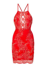 Heidi Red Keyhole Floral Lace Embroidery Scallop Midi Dress