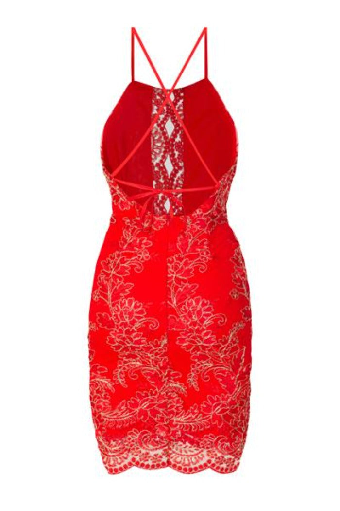 Heidi Red Keyhole Floral Lace Embroidery Scallop Midi Dress