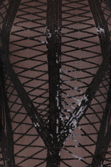 Hilton Luxe Black Dark Nude Cage Sequin Bandage Bodycon Illusion Dress