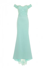 Ruby Mint Off The Shoulder Lace Fishtail Maxi Dress