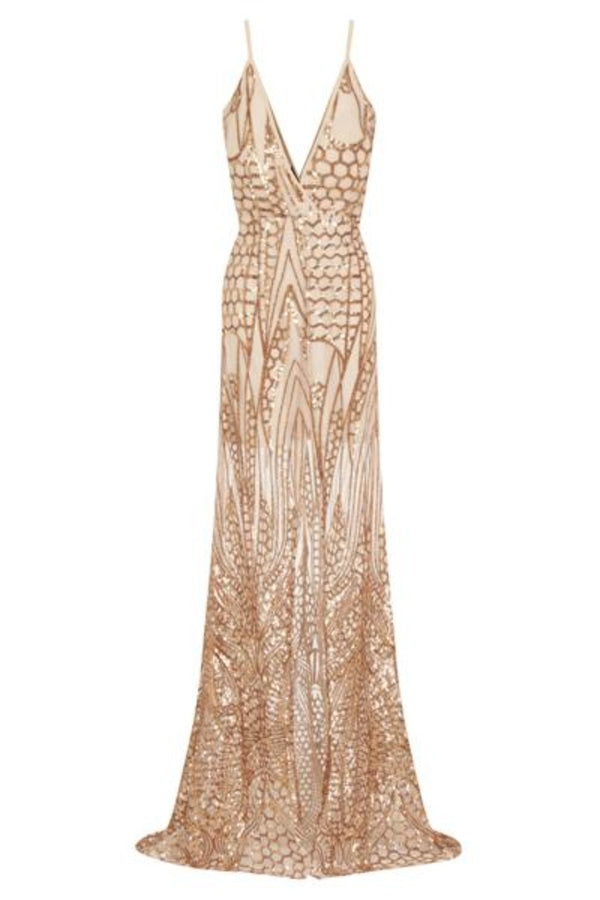 Daphne Gold Sheer Luxe Sequin Slit Maxi Dress