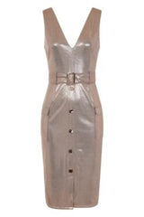 Fame Gold Metallic Tuxedo V Neck Tailored Midi Dress