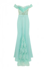 Ruby Mint Off The Shoulder Lace Fishtail Maxi Dress
