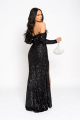 Eternity Black VIP Luxe Feather Off The Shoulder Sequin Long Sleeve Split Maxi Dress