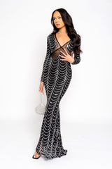 Darkest Secret Black Silver Luxe VIP Embellished Illusion Sheer Mesh Long Sleeve Mermaid Maxi Dress