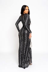 Darkest Secret Black Silver Luxe VIP Embellished Illusion Sheer Mesh Long Sleeve Mermaid Maxi Dress