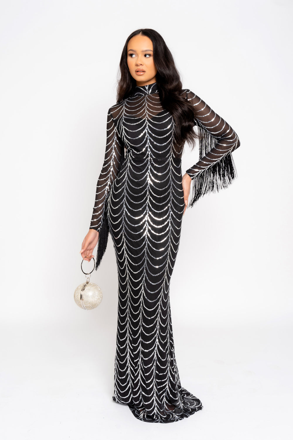 Hypnotic Black Silver Luxe VIP Tassel Fringe Sequin Embellished Illusion Long Sleeve Maxi Dress
