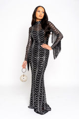 Hypnotic Black Silver Luxe VIP Tassel Fringe Sequin Embellished Illusion Long Sleeve Maxi Dress