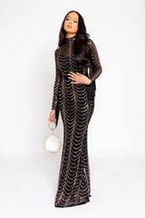 Hypnotic Black Rose Gold Luxe VIP Tassel Fringe Sequin Embellished Illusion Long Sleeve Maxi Dress