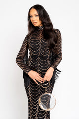 Hypnotic Black Rose Gold Luxe VIP Tassel Fringe Sequin Embellished Illusion Long Sleeve Maxi Dress