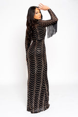 Hypnotic Black Rose Gold Luxe VIP Tassel Fringe Sequin Embellished Illusion Long Sleeve Maxi Dress