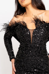 Guest List Black VIP Luxe Feather Off The Shoulder Sequin Long Sleeve Dress