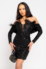 Guest List Black VIP Luxe Feather Off The Shoulder Sequin Long Sleeve Dress