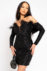 Guest List Black VIP Luxe Feather Off The Shoulder Sequin Long Sleeve Dress