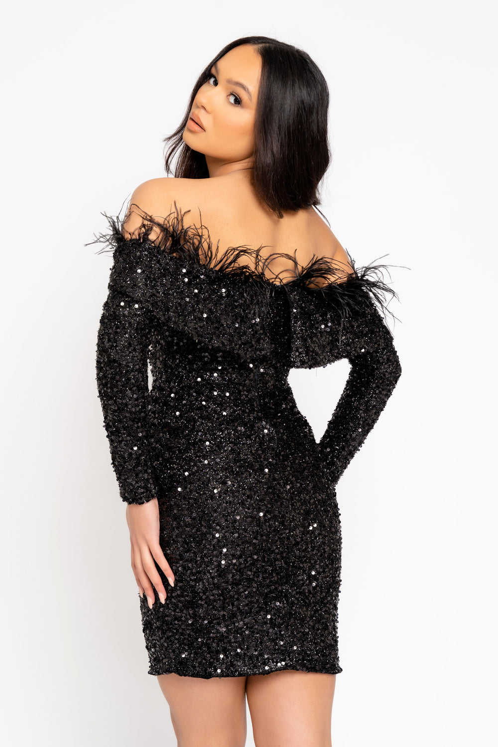 Guest List Black VIP Luxe Feather Off The Shoulder Sequin Long Sleeve Dress
