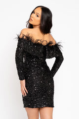 Guest List Black VIP Luxe Feather Off The Shoulder Sequin Long Sleeve Dress