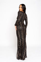 Darkest Secret Black Rose Gold Luxe VIP Embellished Illusion Sheer Mesh Long Sleeve Mermaid Maxi Dress