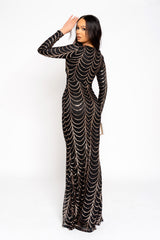 Darkest Secret Black Rose Gold Luxe VIP Embellished Illusion Sheer Mesh Long Sleeve Mermaid Maxi Dress