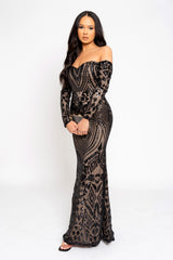 Ophelia Black Luxe Embellished Sequin Sweetheart Off Shoulder Long Sleeve Maxi Fishtail Dress