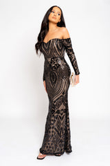Ophelia Black Luxe Embellished Sequin Sweetheart Off Shoulder Long Sleeve Maxi Fishtail Dress