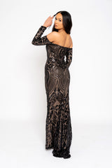 Ophelia Black Luxe Embellished Sequin Sweetheart Off Shoulder Long Sleeve Maxi Fishtail Dress