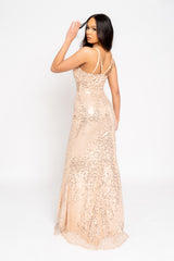 My Moment Rose Gold Luxe Sequin & Beaded Embellished Sheer Mesh Waist Slit Maxi Dress