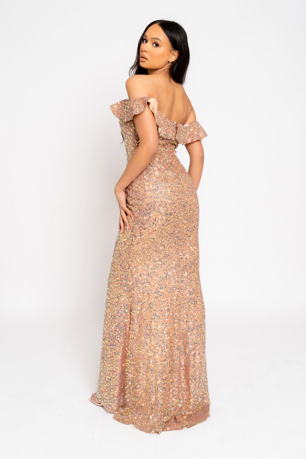 Eclipse Rose Gold Luxe Ruffle Plunge Shimmering Sequin Embellished Off The Shoulder Bardot Maxi Slit Dress