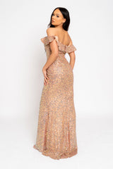 Eclipse Rose Gold Luxe Ruffle Plunge Shimmering Sequin Embellished Off The Shoulder Bardot Maxi Slit Dress