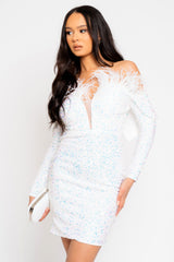 Guest White VIP Luxe Feather Off The Shoulder Sequin Long Sleeve Dress