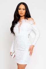 Guest White VIP Luxe Feather Off The Shoulder Sequin Long Sleeve Dress