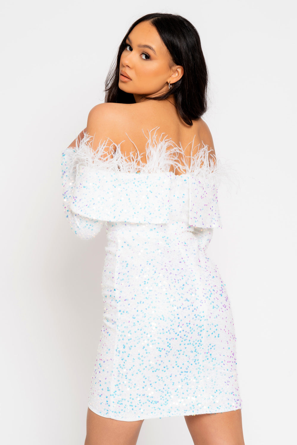 Guest White VIP Luxe Feather Off The Shoulder Sequin Long Sleeve Dress