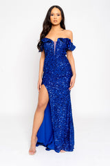 Eclipse Royal Blue Luxe Ruffle Plunge Shimmering Sequin Embellished Off The Shoulder Bardot Maxi Slit Dress