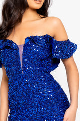 Eclipse Royal Blue Luxe Ruffle Plunge Shimmering Sequin Embellished Off The Shoulder Bardot Maxi Slit Dress