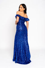Eclipse Royal Blue Luxe Ruffle Plunge Shimmering Sequin Embellished Off The Shoulder Bardot Maxi Slit Dress