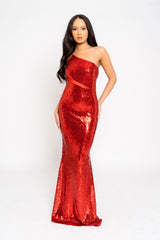Phantasy Red Luxe Sequin Sheer Mesh Cut Out One Shoulder Maxi Dress