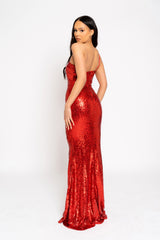 Phantasy Red Luxe Sequin Sheer Mesh Cut Out One Shoulder Maxi Dress